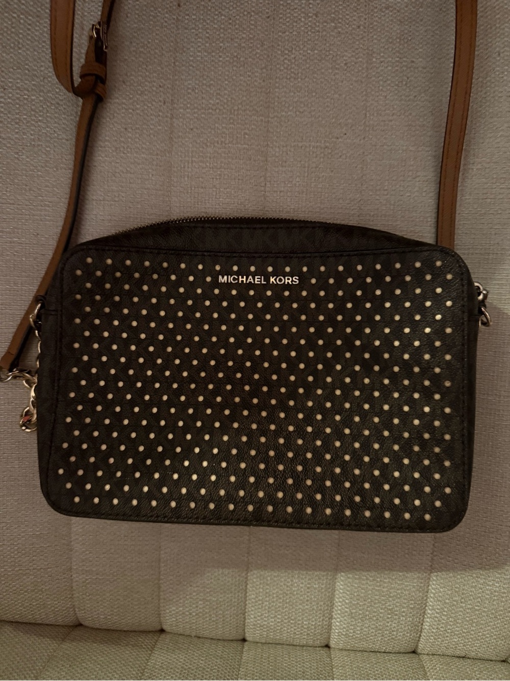 MICHAEL KORS Black Crossbody with Gold Stud Accents and Tan Strap